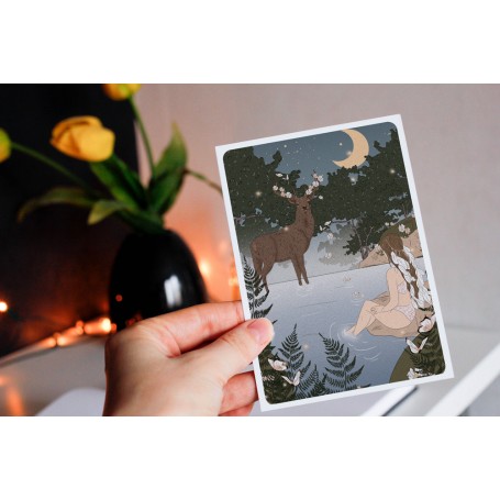 Carte Postale Cerf paysage nuit - Collaboration avec l'illustratrice Aurélia Mahé